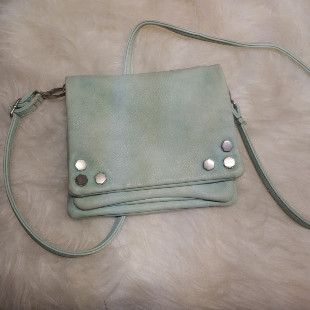 FREE PEOPLE Mint Green Leather Cross Body Bag with Metal Honeycomb Accents